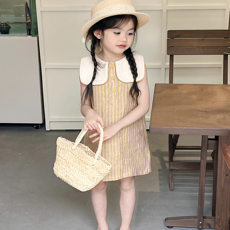 Girls' polo collar stripes sleeveless dress striped girl versatile skirt