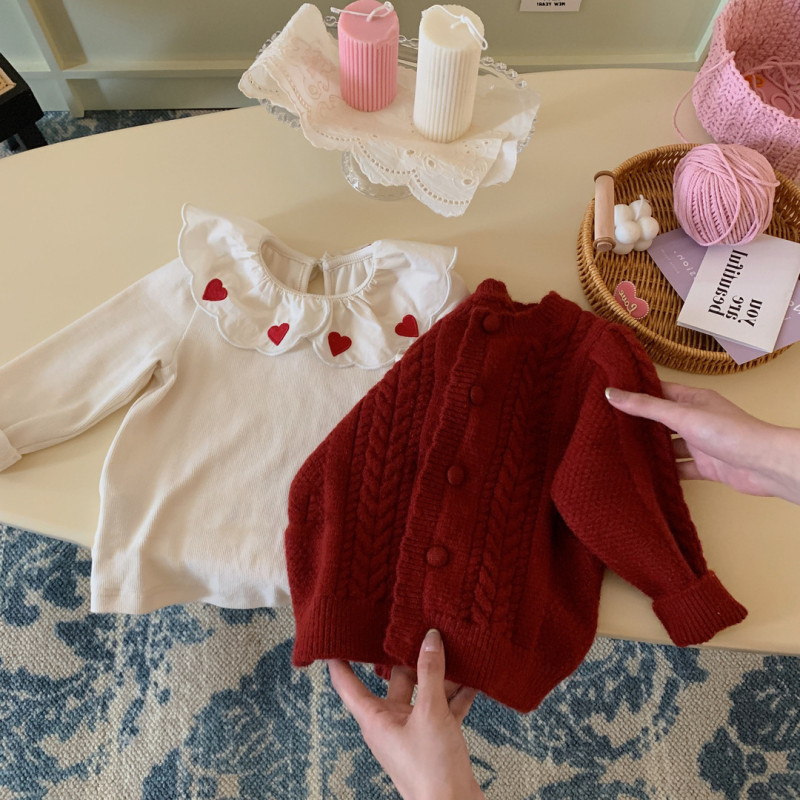 Girls baby sweater autumn  red round neck cardigan tops