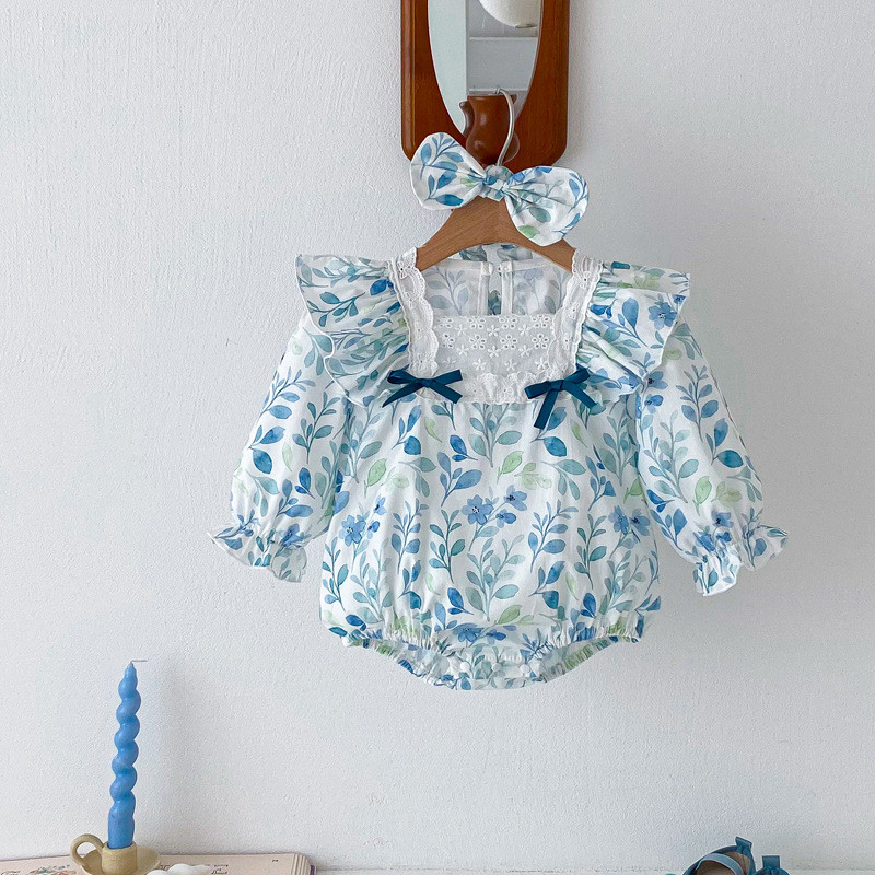 Long sleeve lace onesie girl baby blue flying sleeve romper