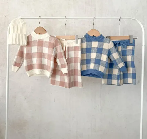 Plaid Sweater Pants Infant Boys Knit Tracksuits Toddler Suit