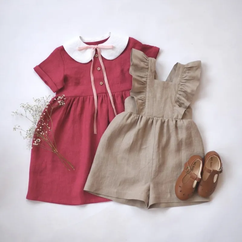 Cotton and linen one-piece shorts strap children's jumpsuit