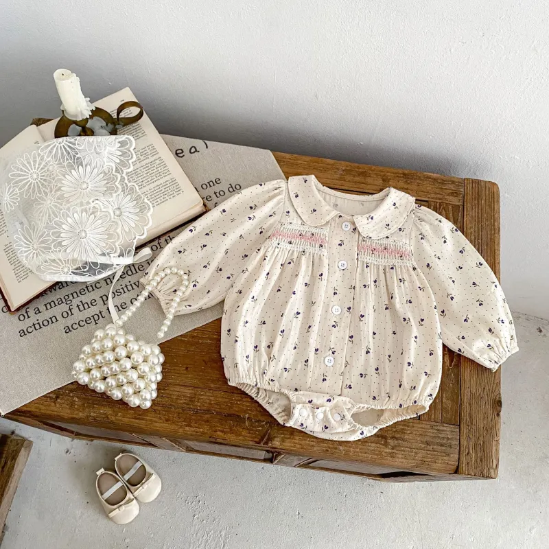 Baby girl long-sleeve jumpsuit small polka dot flower print romper