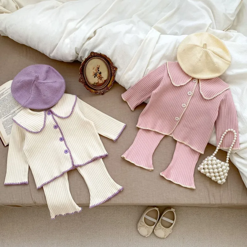 Lapels long-sleeved cardigan slightly flared trousers two-piece set