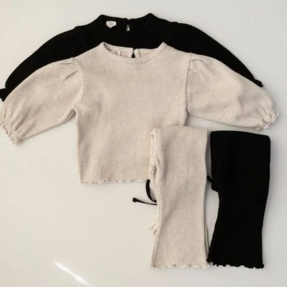 Knitted comfortable baby suit waffle casual T-shirt + pants versatile two-piece set