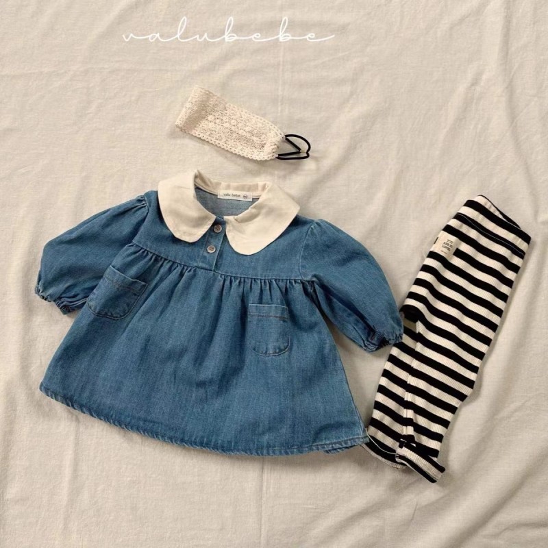 Autumn baby girl cute loose lapel long sleeves soft Denim dress top