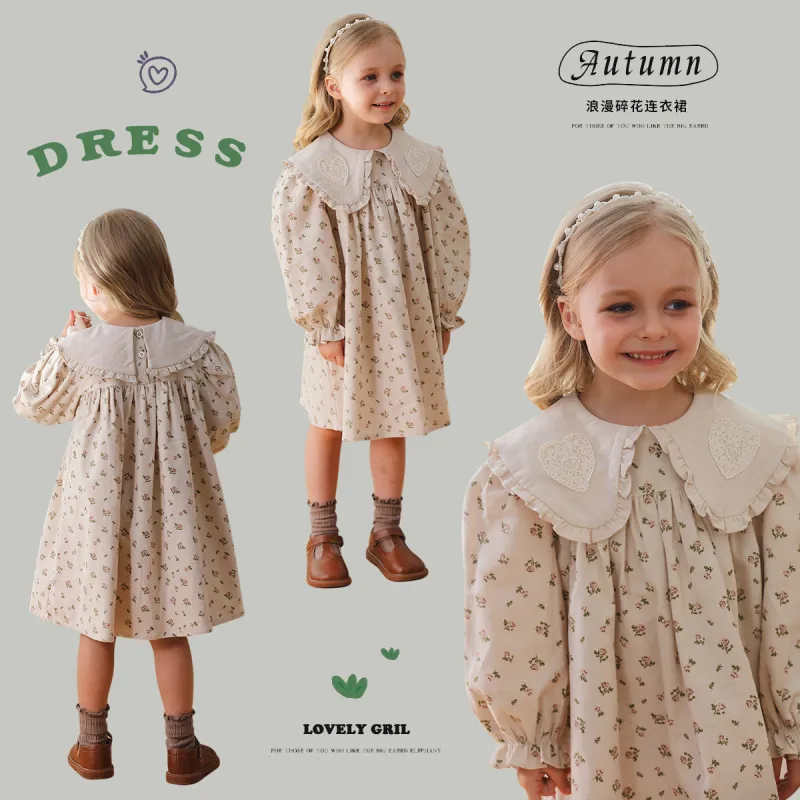 Lapel print lace girls dress long sleeve princess dress