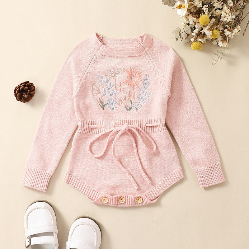 Girl Knit Jumpsuit Flower Embroidery Round Neck Long Sleeve Romper