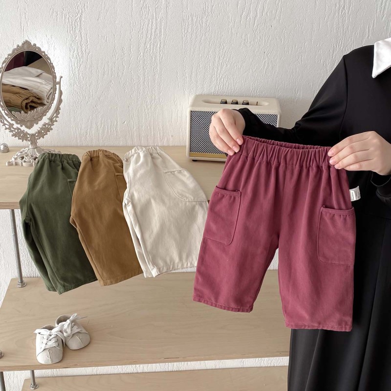 Solid color pocket loose trousers boys trousers