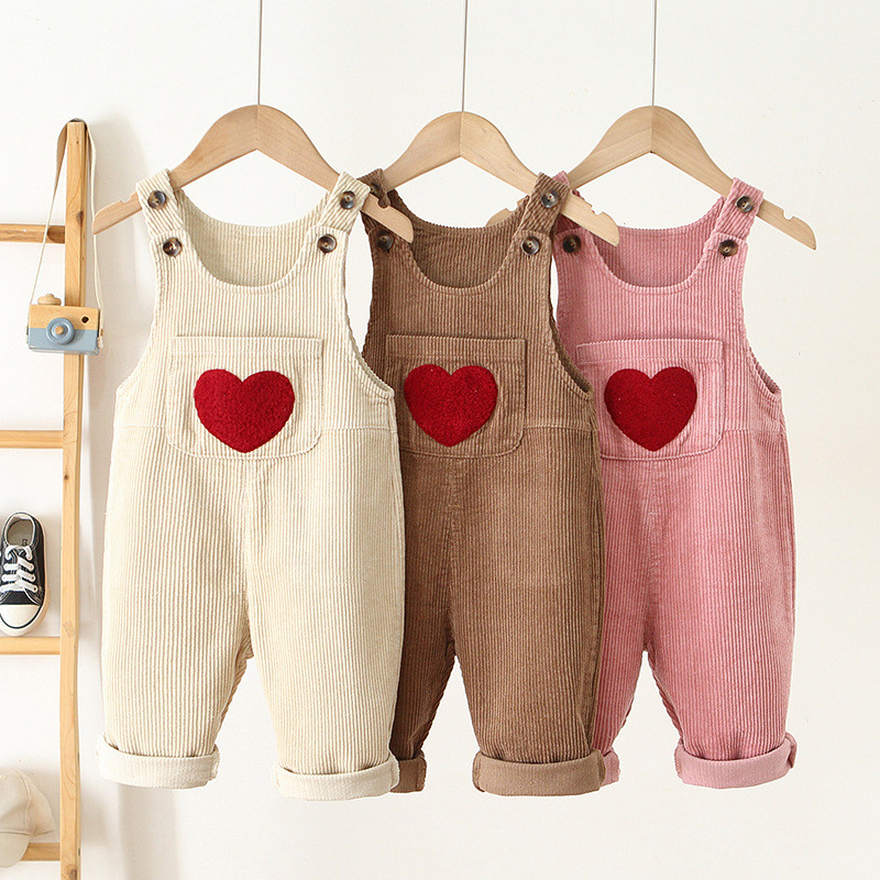 Children's corduroy suspender pants love embroidered