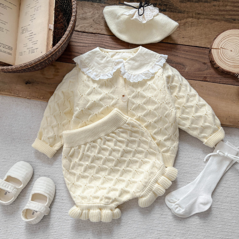 Hollow knitted sweater stylish solid color baby girls two-piece baby suit