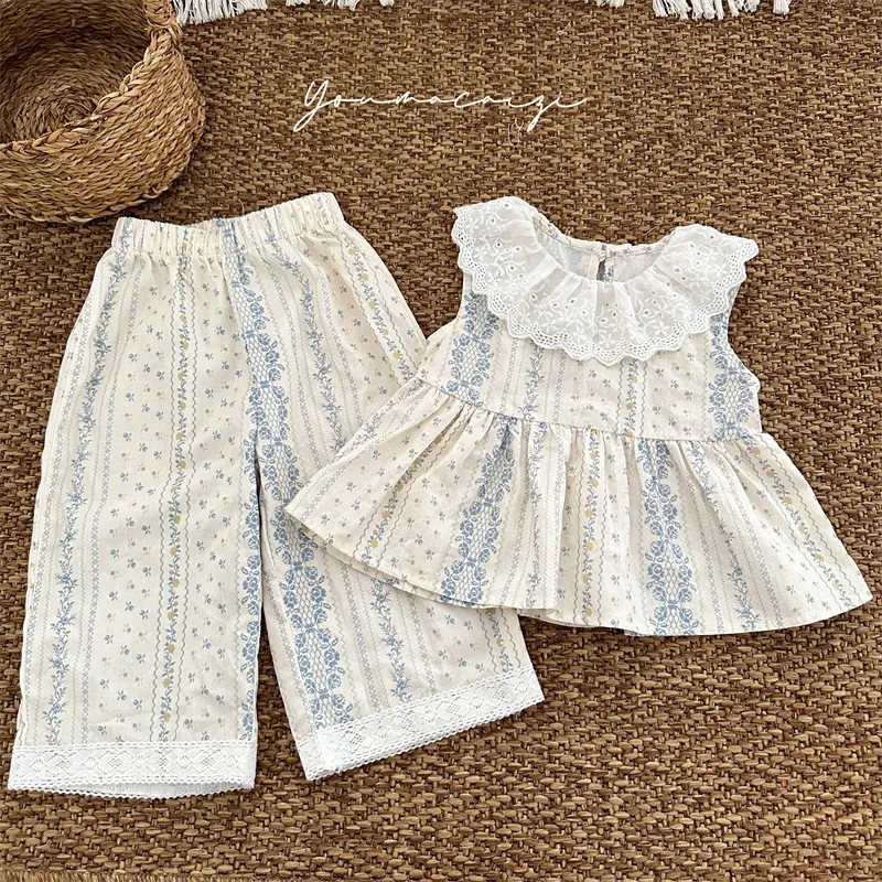 Lace collar sleeveless children's top + pants baby suit