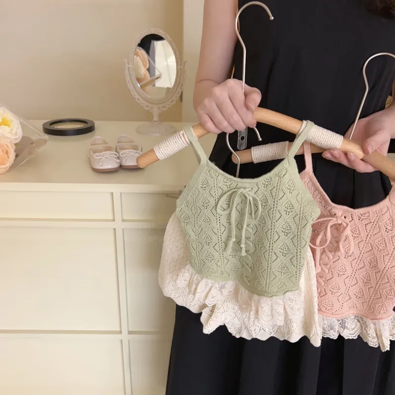 Toddlers Kids Knitted Hollow Out Lace Suspenders Tops
