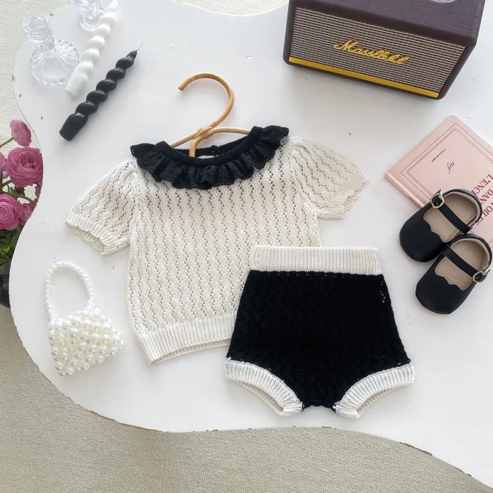 Girls' knit suit baby contrast color refreshing top shorts two-piece set