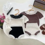 Girls' knit suit baby contrast color refreshing top shorts two-piece set