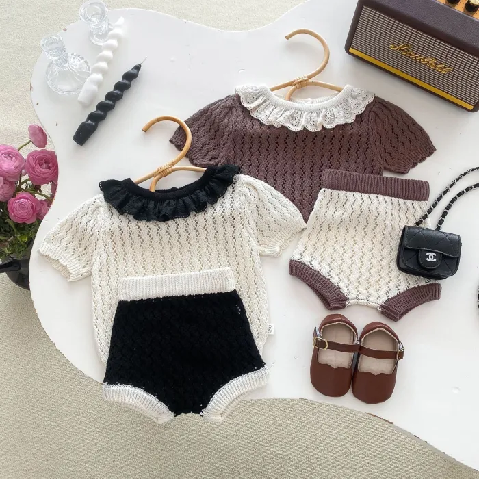 Girls' knit suit baby contrast color refreshing top shorts two-piece set