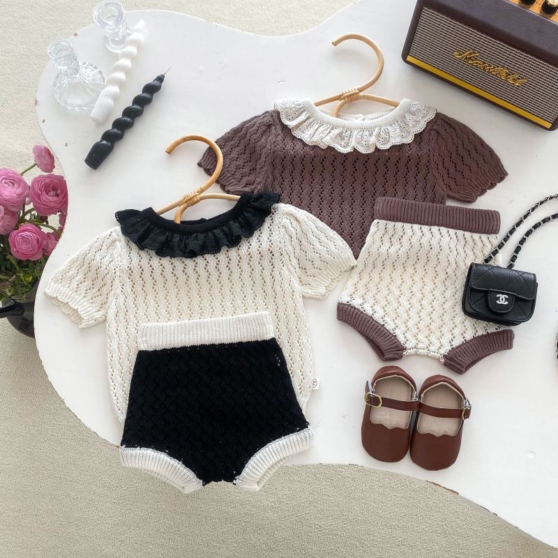 Girls' knit suit baby contrast color refreshing top shorts two-piece set
