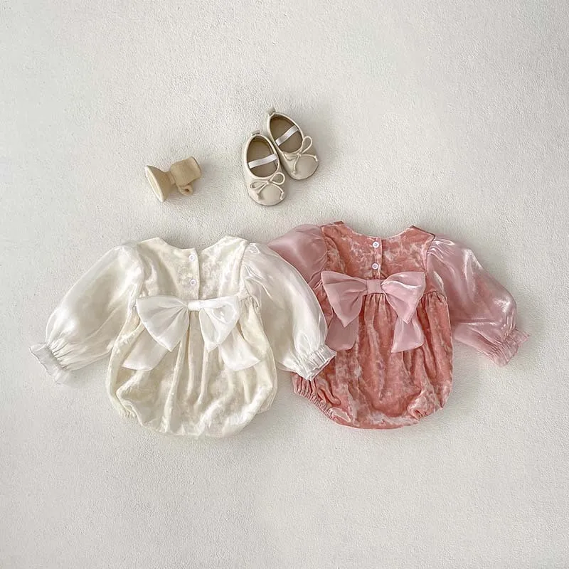 Baby romper gold velvet puff sleeve big bow romper baby girl rompers