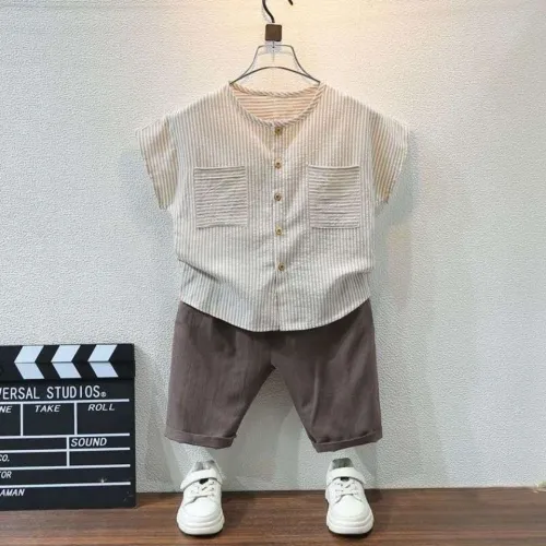 Cotton and linen suit summer clothes two-piece suit striped fashion