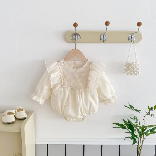 Baby super cute baby girl jacquard flounced sleeve jumpsuit
