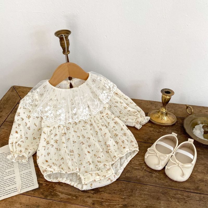 Girls Long Sleeve Lace Collar Printing Jumpsuit Rompers