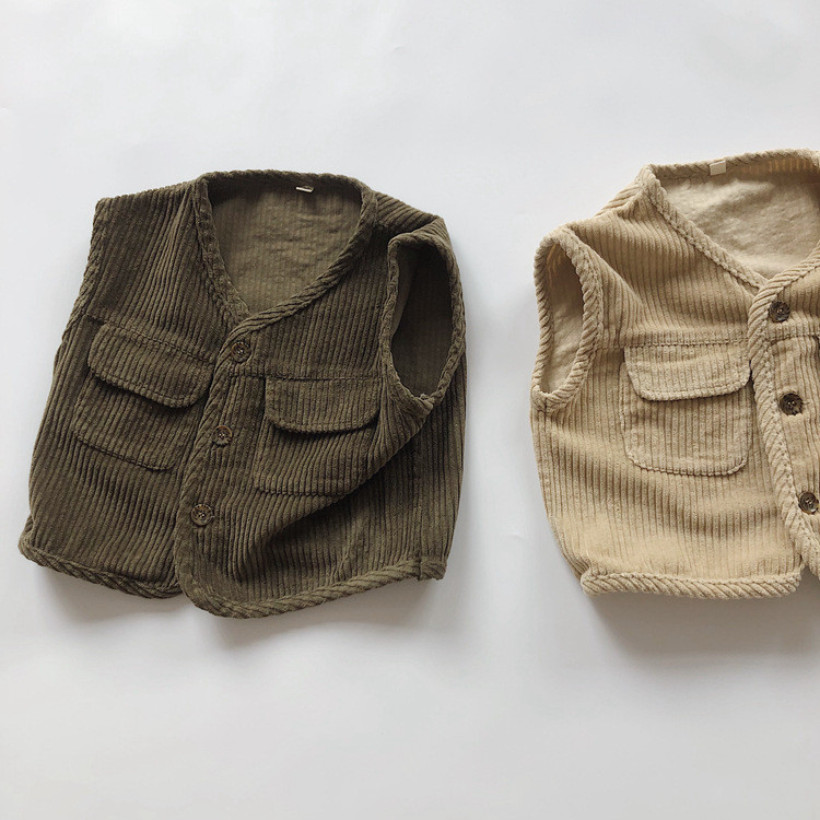 Boy Sleeveless Tops Jackets Toddler Waistcoat Corduroy Kids Pocket Vest