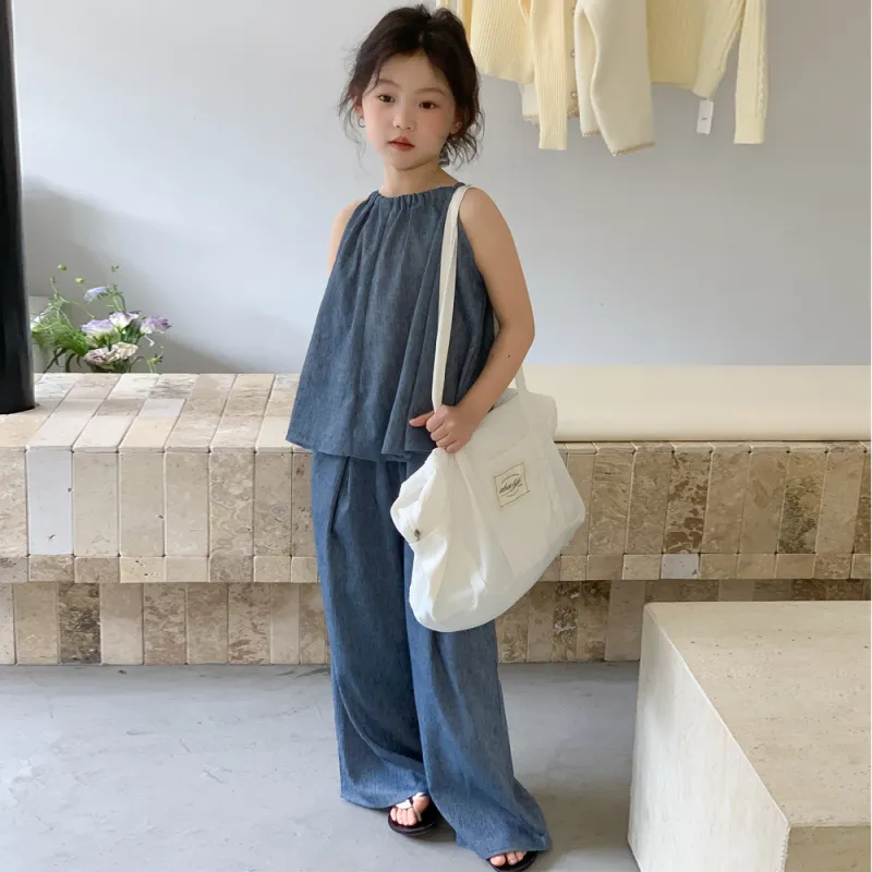 Girls' Blue Suspenders Wide-leg Pants Set Two-Piece Set