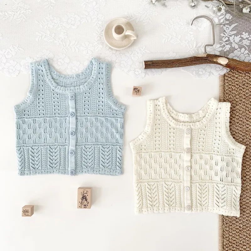 Girls' round neck knitted top girls' cotton hollow-out thin vest