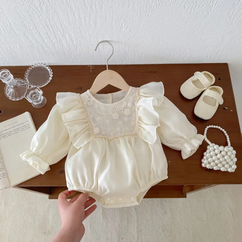 Baby super cute baby girl jacquard flounced sleeve jumpsuit