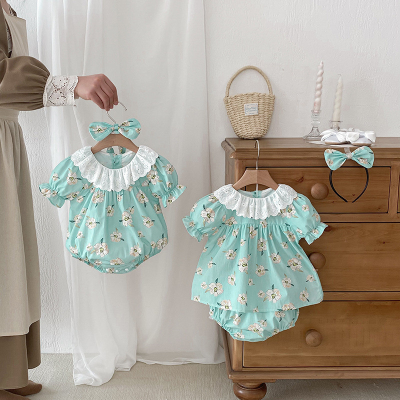 Girl short sleeve lace collar babies girls suit new sisters outfit