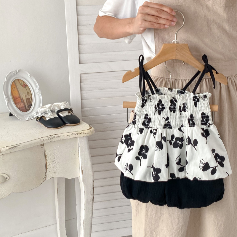 Baby Girl summer suit flower strap top + Bud-waisted shorts girls' dress
