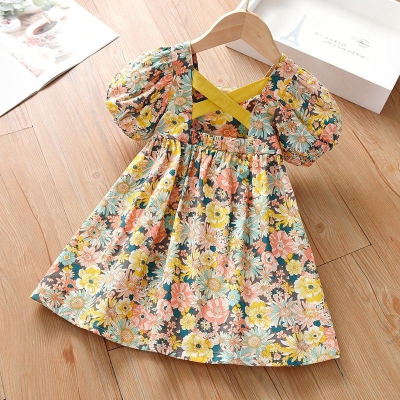 Cotton summer print flowers backless baby girls dresses