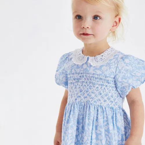 Short-sleeved girls' dress smocking kids' skirt cotton girls' princess dress