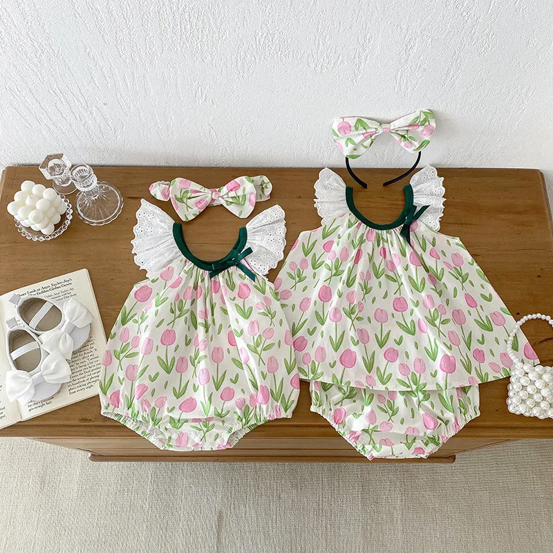 Baby girl short sleeve suit girl flounced sleeve Summer Sisters outfit