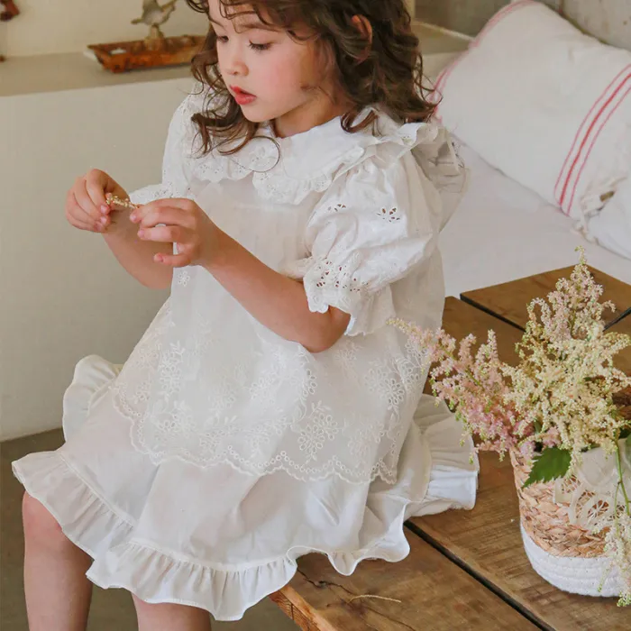 Summer children's clothing girls' lapel solid color dress