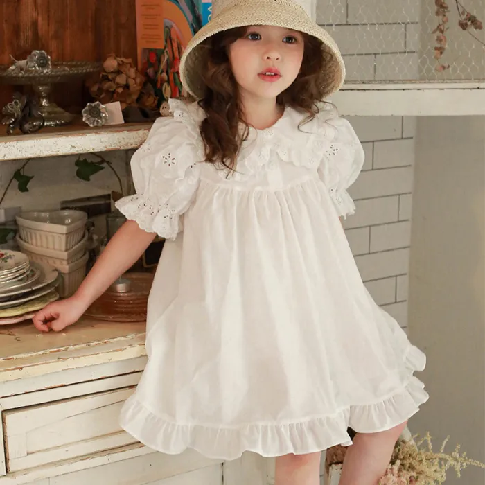 Summer children's clothing girls' lapel solid color dress