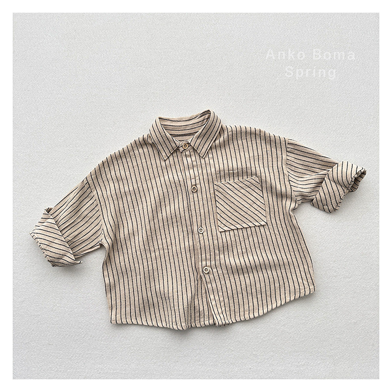 Cotton and linen stripes artistic lapel vertical striped soft boy tops