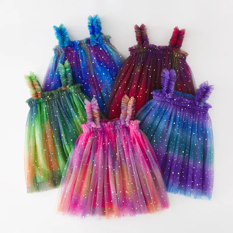 Gradient star Moon skirt Princess mesh pettiskirt straps dress