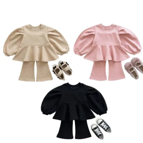 Children's suit puff sleeve Bell-bottom pants suit baby clothes sweater suit
