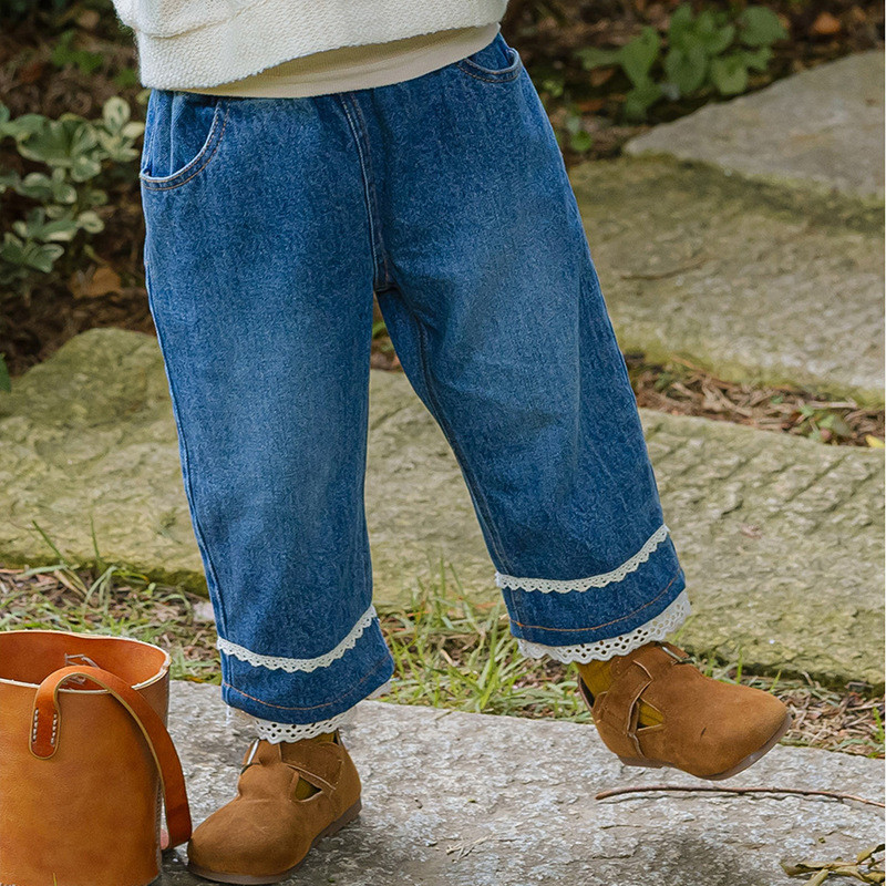 Girl lace ruffle pants feet foldable washed straight jeans
