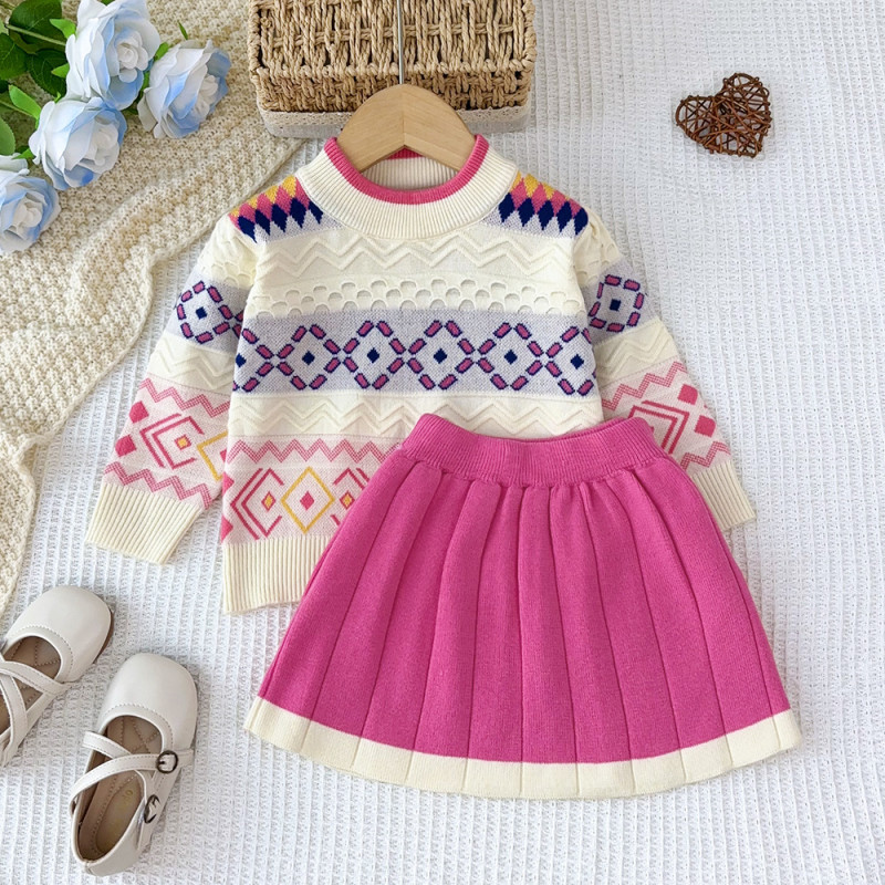 Girl's sweater suit skirt Jacquard knitted two-piece suit