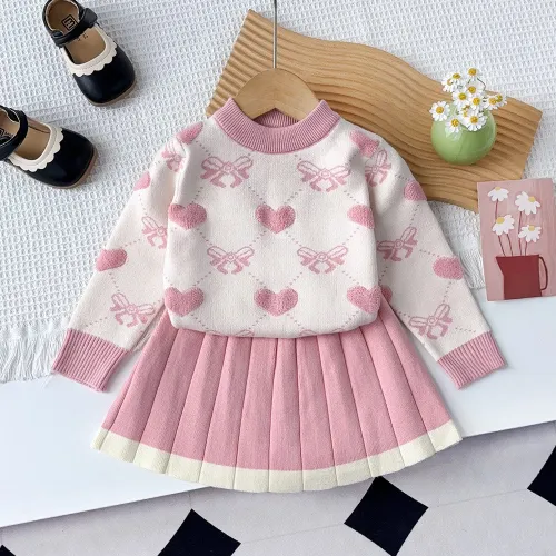 Girls sweater suit heart knitted long sleeve pullover two-piece set