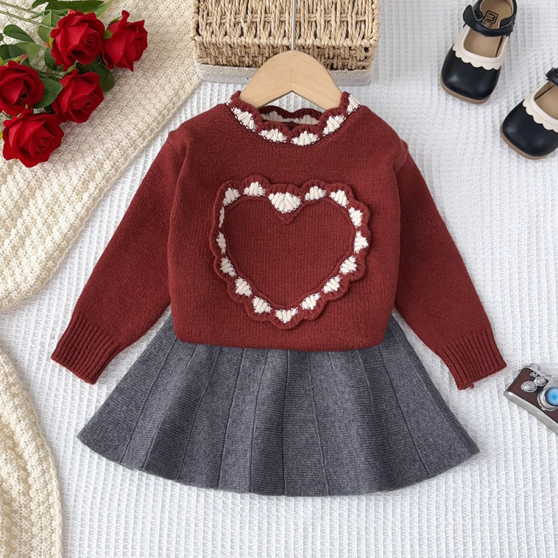 Girls sweater suit baby girl love solid color knitted Christmas two-piece overskirt suit