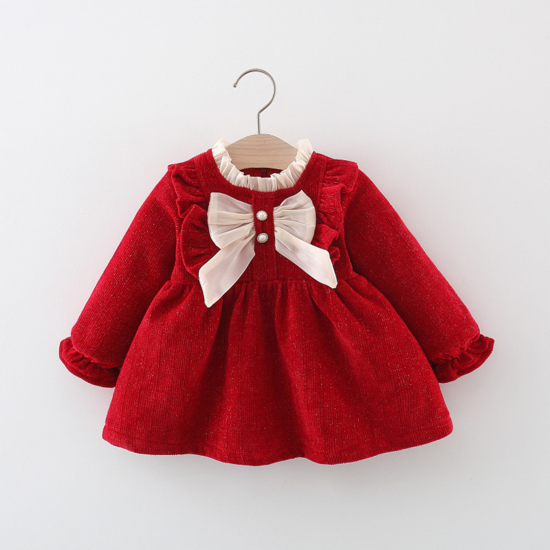 Baby dresses two-button bow long-sleeved girls dress