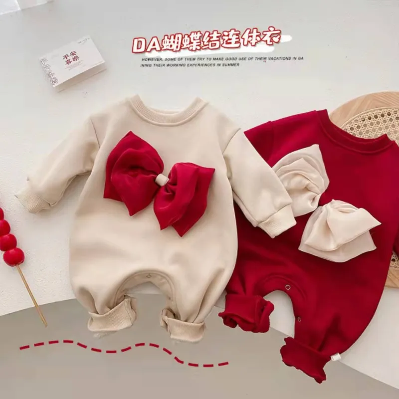 Velvet solid color baby jumpsuit bow long sleeved baby romper