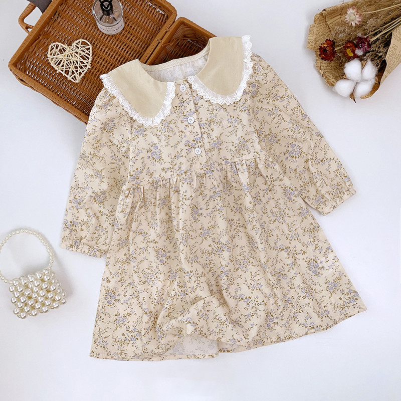 Children's dress girls' Western style lace collar floral long sleeve dress
