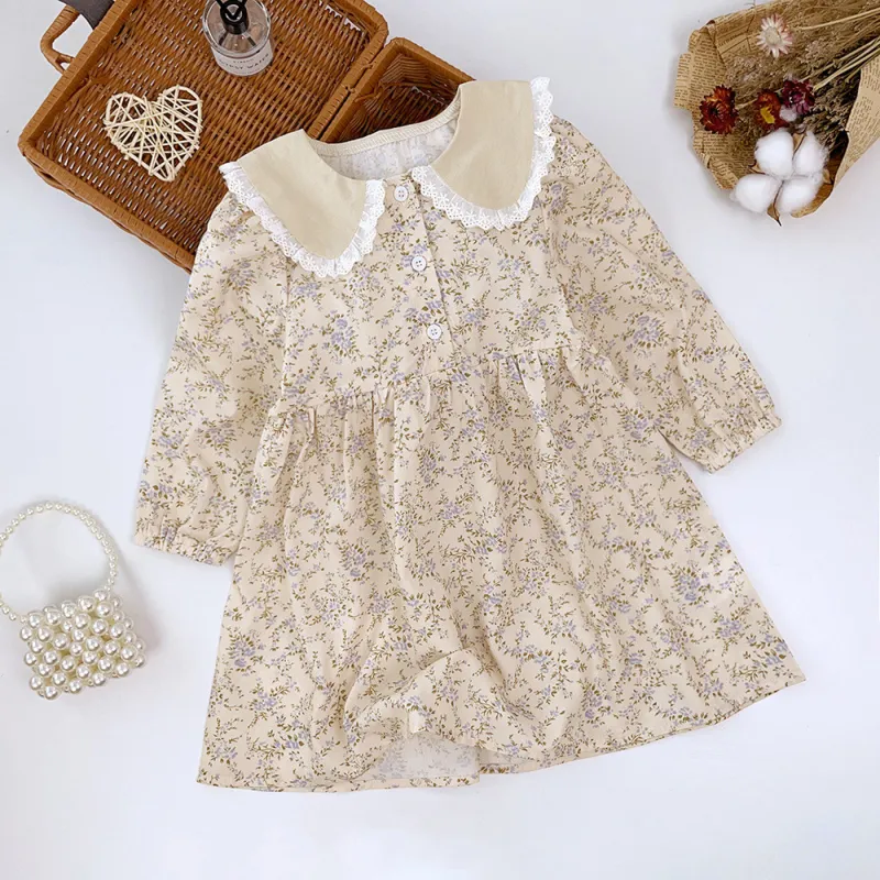 Children's dress girls' Western style lace collar floral long sleeve dress