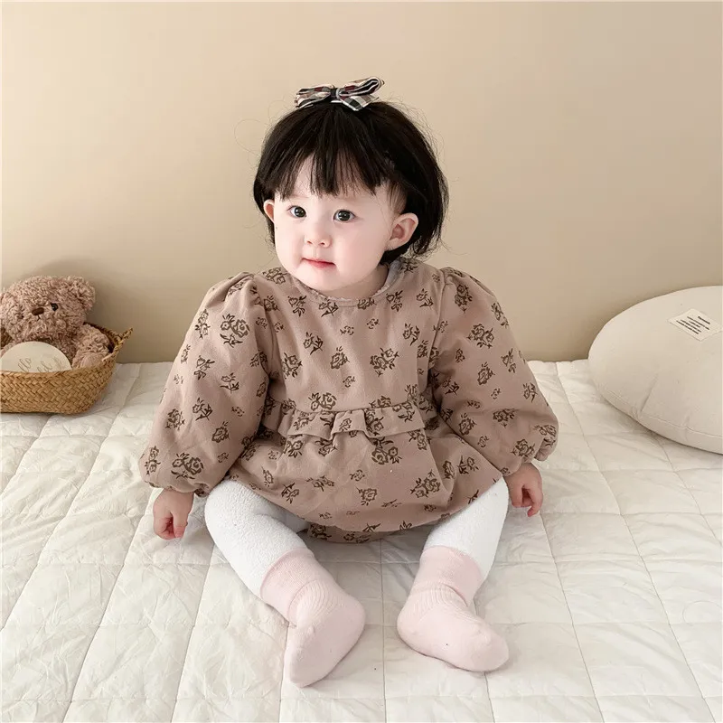Baby jumpsuit baby long-sleeved floral velvet thickened romper