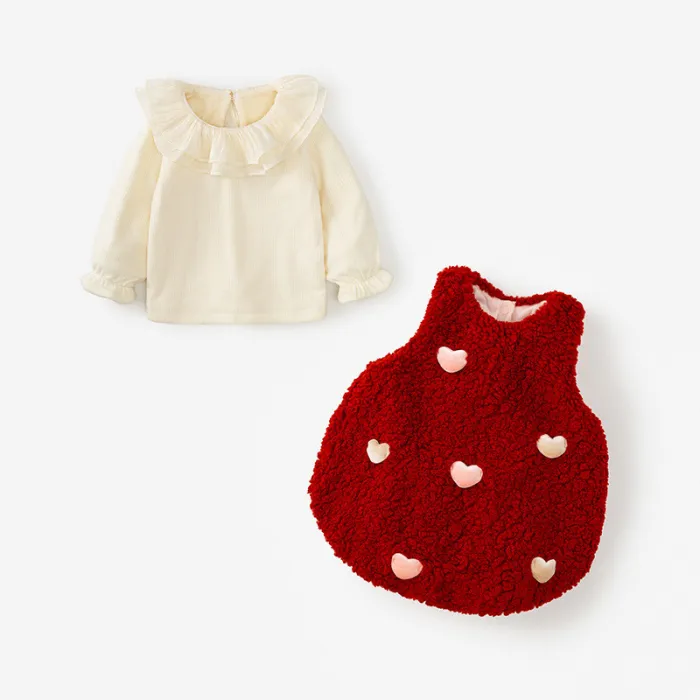 Dresses suit love floral velvet thickened vest princess dress two piece set