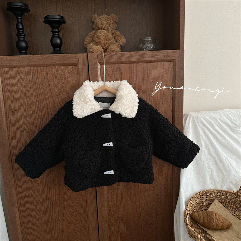 Contrasting color lapel fur baby coat girls plus velvet warm kids tops