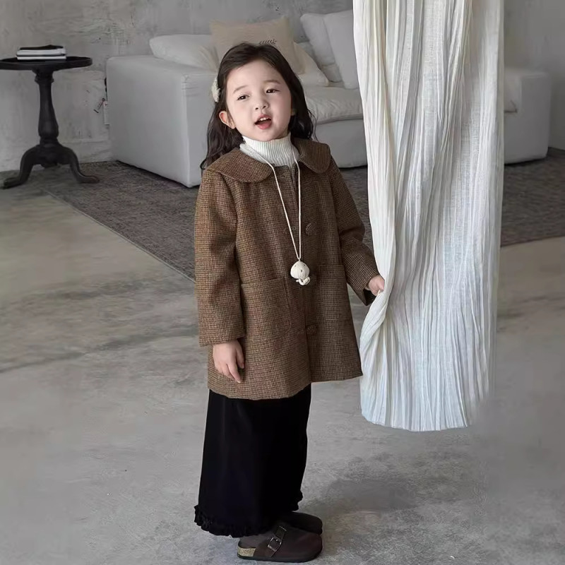 Baby coat British style girls wool lapel plaid kids tops